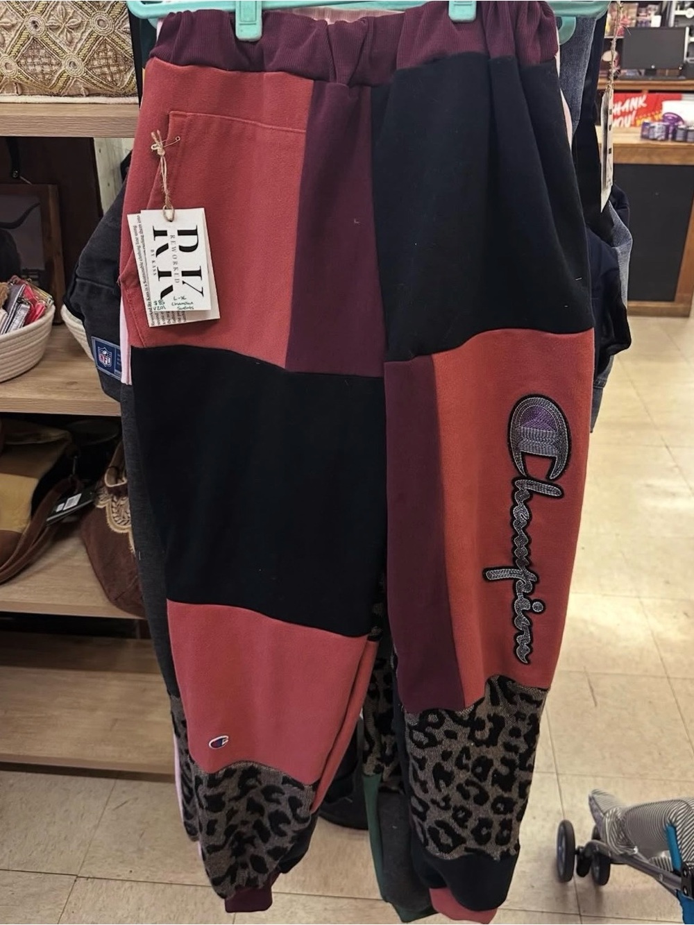 Champion Womens Patchwork Joggers in Burgundy, Black & Rust